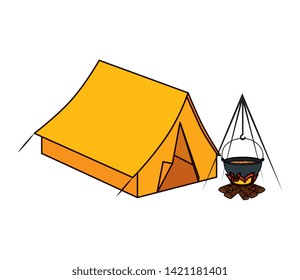 tent camping with wood fire icons