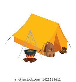 tent camping with wood fire and travelbag