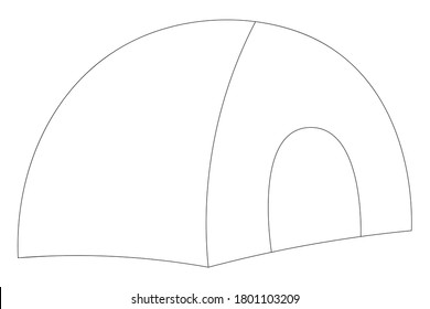 Tent. Camping in the woods. Vector illustration. Outline on an isolated white background. Sketch. Tourist conditions. Coloring book for children. Located under the roof. A house made of tarpaulin. 