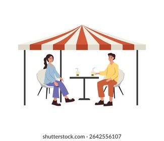 Tent and canopy. People drinking and talking. People discuss at cafe canopy. People conversation. Coffee shop tent.