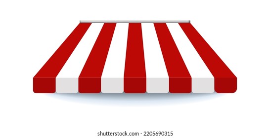 Tent canopy for shops, cafes and street restaurants. 3d canopy shop vector orange shop cafe. Striped red and white sunshade for shops, cafes and street restaurants. 3d vector illustration.