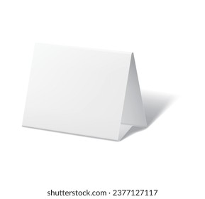 Tent card stand of paper or table blank triangle, vector white holder mock up for restaurant menu or calendar. Table stand paper tent card fold mockup for desk display or business information trifold