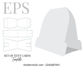 Tent Card Template, vector with die cut, laser cut layers. Illustration, three different designs. White, clear, blank, isolated Tent Card mockup on white background with perspective view, 3D