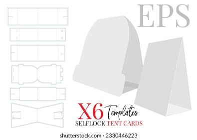 Tent Card Template, vector with die cut, laser cut layers. White, clear, blank, isolated Tent Card mockup on white background with 3D perspective presentation. Illustration, six different designs. 