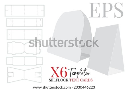 Tent Card Template, vector with die cut, laser cut layers. White, clear, blank, isolated Tent Card mockup on white background with 3D perspective presentation. Illustration, six different designs. 