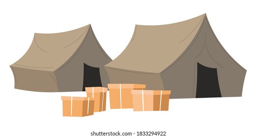 Tent and carton boxes, isolated camp with humanitarian help for refugees or poor people. Volunteering or organizing aid against poverty. Assistance and financial support, vector in flat style