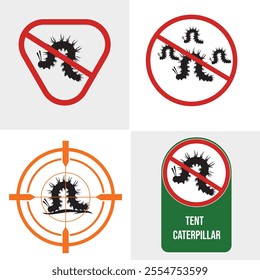 Tent caterpillar icon silhouette. Red Target pesticide stop sign. insect repellent