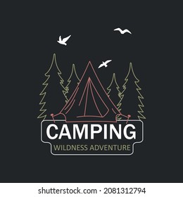 Tent and Christmas trees with an inscription, camping concept. A hand-drawn vector. For printing on T-shirts, posters and other purposes.
