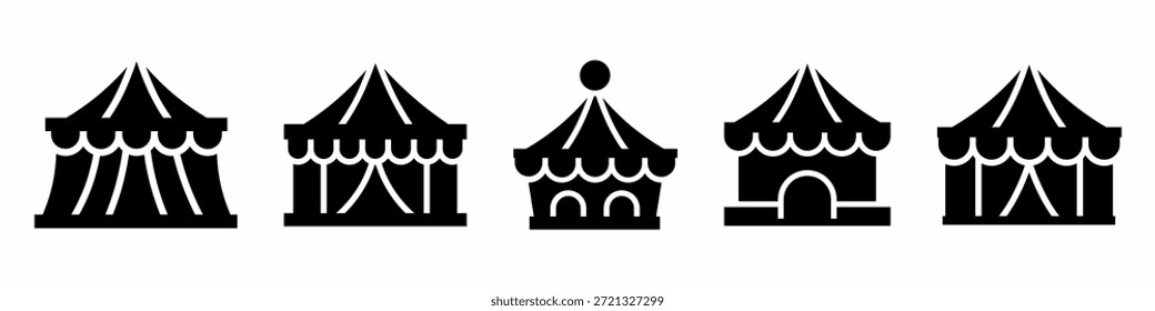 Coleção de vetores de ícones de circo de tenda. Conjunto de projetos de vetor de ícone de circo de tenda. Vetor de estoque.