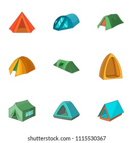 Tent city icons set. Cartoon set of 9 tent city vector icons for web isolated on white background