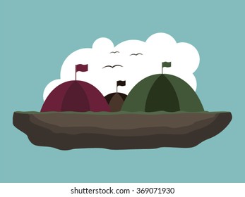 Tent , clouds, flag , land , birds