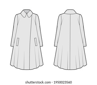 Tent coat technical fashion illustration with long sleeves, round lapel collar, oversized trapeze body, knee length. Flat jacket template front, back, grey color style. Women, men, unisex CAD mockup