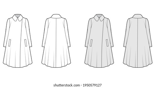 Tent coat technical fashion illustration with long sleeves, round lapel collar, oversized trapeze body, knee length. Flat jacket template front, back, white, grey color. Women, men, unisex CAD mockup