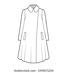 Tent coat technical fashion illustration with long sleeves, round lapel collar, oversized trapeze body, knee length. Flat jacket template front, white color style. Women, men, unisex top CAD mockup