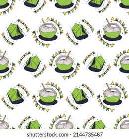 Tent and Coconut. Seamless pattern on a white background. Cute vector illustration.
