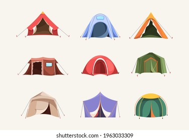 Tent colored. Outdoor house for travellers camping pyramid shelter adventures symbols backpack garish vector flat illustrations