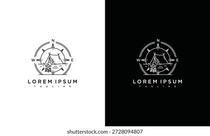 Una tienda de campaña y el diseño del logotipo de la brújula en un fondo blanco y negro dividido visto directamente desde arriba con el texto del marcador de posición