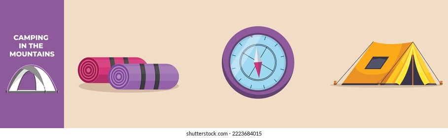 Tent, Compass and Rolled up foam mat lying. Camping equipment set concept. Flat vector illustrations isolated.