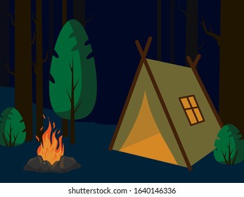 Tent in dark evening forest with campfire.