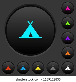Tent dark push buttons with vivid color icons on dark grey background