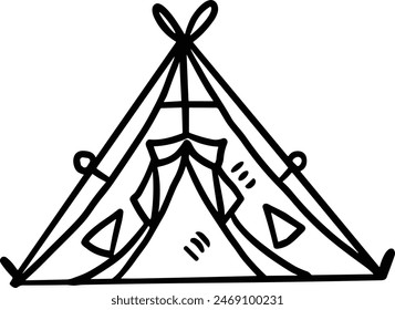 A tent with a door and a window. The tent is black and white. The tent is a symbol of adventure and exploration