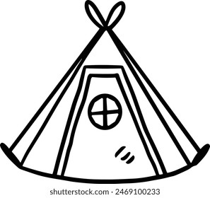 A tent with a door and a window. The tent is black and white. The tent is a symbol of adventure and exploration