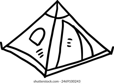 A tent with a door and a window. The tent is black and white. The tent is a symbol of adventure and exploration