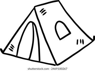 A tent with a door and a window. The tent is black and white. The tent is a symbol of adventure and exploration