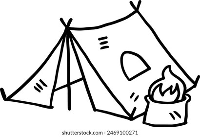 A tent with a door and a window. The tent is black and white. The tent is a symbol of adventure and exploration