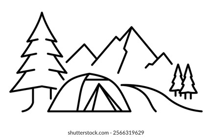 Tent drawing in nature with trees, stream and mountains. Simple black line camping illustration.