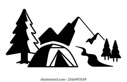 Tent drawing in nature with trees, stream and mountains. Simple black line camping illustration.