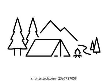Tent drawing in nature with trees, stream and mountains. Simple black line camping illustration.