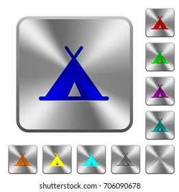 Tent engraved icons on rounded square glossy steel buttons