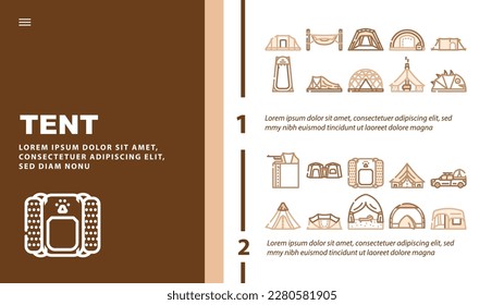 tent equipment tourism landing web page header vector. object travel, activity outdoor, summer vacation, camp adventure, shelter tourist tent equipment tourism color illustrations