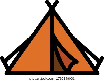 Tent fill icon. A vibrant orange camp tent graphic symbolizing outdoor adventure and wilderness exploration. This stylized dwelling represents recreational activities, travel, and temporary shelter in nature's embrace.
