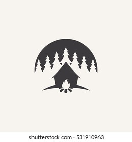 tent with a fire in a forest. creative idea concept template. flat icon