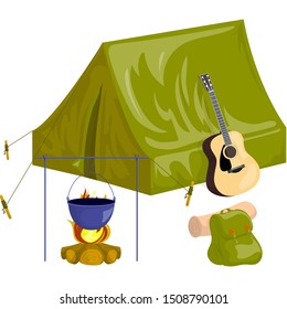 Tent, fire, guitar and backpack in cartoon style.
