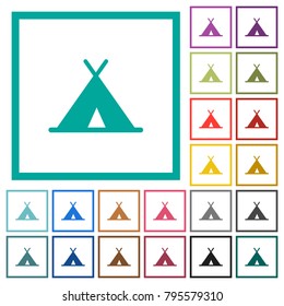 Tent flat color icons with quadrant frames on white background