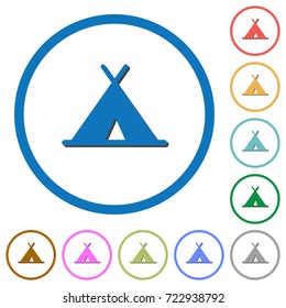 Tent flat color vector icons with shadows in round outlines on white background