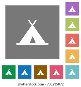 Tent flat icons on simple color square backgrounds