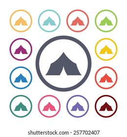 tent flat icons set. Open colorful buttons 