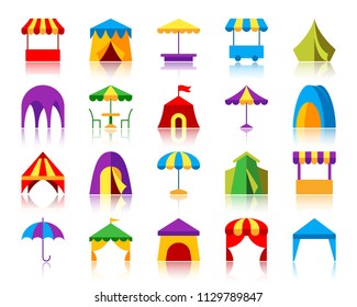 Tent flat icons set. Web vector sign kit of umbrella. Awning pictogram collection includes circus marquee, pavilion, fair. Simple tent colorful cartoon icon symbol with reflection isolated on white
