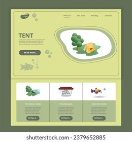 Tent flat landing page website template. Folding chair, fishing bag, fish on hook. Web banner with header, content and footer. Vector illustration.