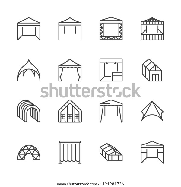 Tent flat\
line icons. Event pavilion, trade show awning, outdoor wedding\
marquee, canopy vector illustrations. Thin signs of mobile party\
booth. Pixel perfect 64x64. Editable\
Strokes.