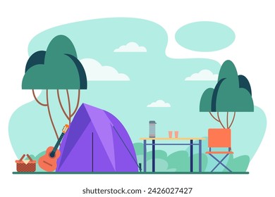 Tent, folding table with thermos, cups and chair vector illustration. Guitar and picnic basket near tent. Picnic, outdoor activities, romance concept