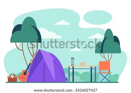 Tent, folding table with thermos, cups and chair vector illustration. Guitar and picnic basket near tent. Picnic, outdoor activities, romance concept