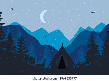 tent in the forest. bunny in the forest. Mountain landscape. Vector graphics. EPS format	
