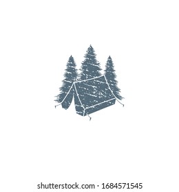 Tent in the forest, camp on the background of coniferous trees, vector illustration, flat silhouette, scuff, texture
