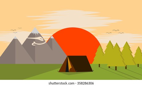 tent in the forest - flat design