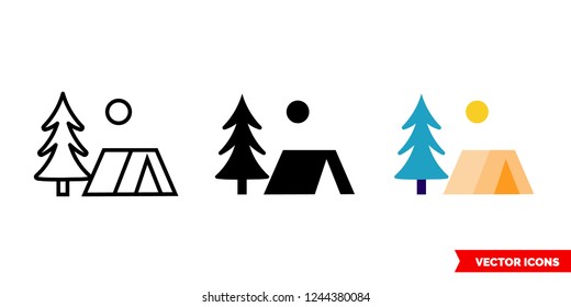 Tent in the forest icon of 3 types: color, black and white, outline. Isolated vector sign symbol.